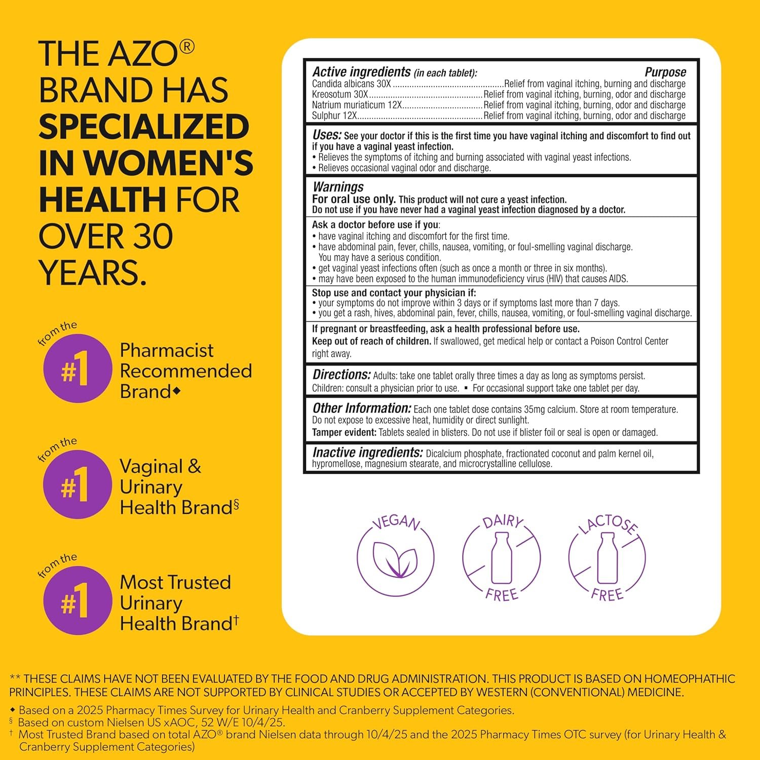 AZO Yeast Plus Dual Homeopathic Yeast Infection Symptom Relief for Women–Vaginal Itching & Burning + Odor & Discharge, Intimate Health Tablets, 2 Pack (60 Count x2), from the #1 Vaginal Health Brand! - Image 3