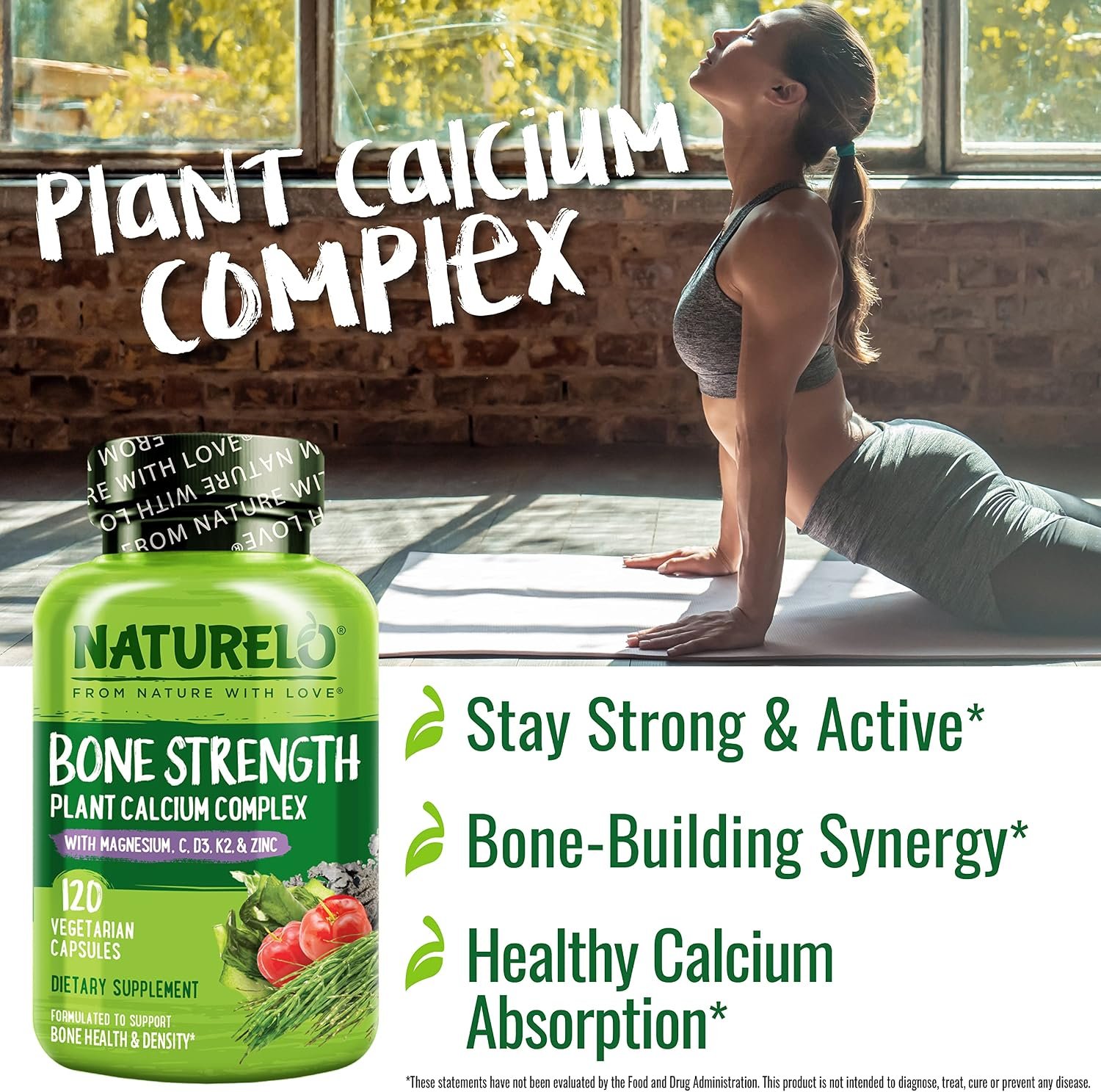 NATURELO Calcium Supplement - with Vitamin C, Vitamin D3, K2, and Calcium Magnesium Zinc for Bone Strength with Calcium 600mg - Plant-Based, 120 Vegetarian Capsules, Non-GMO, Soy & Gluten-Free - Image 4