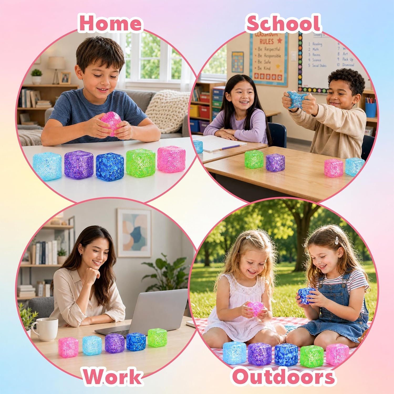 Cube Shaped Squeeze Balls, Super Solid Squishy Stress Relief Toys, Glitter Filled Squeeze Toys,Anxiety Relief Toys for Teens & Adults, Desk Fidget Decor (Blue-A) - Image 5