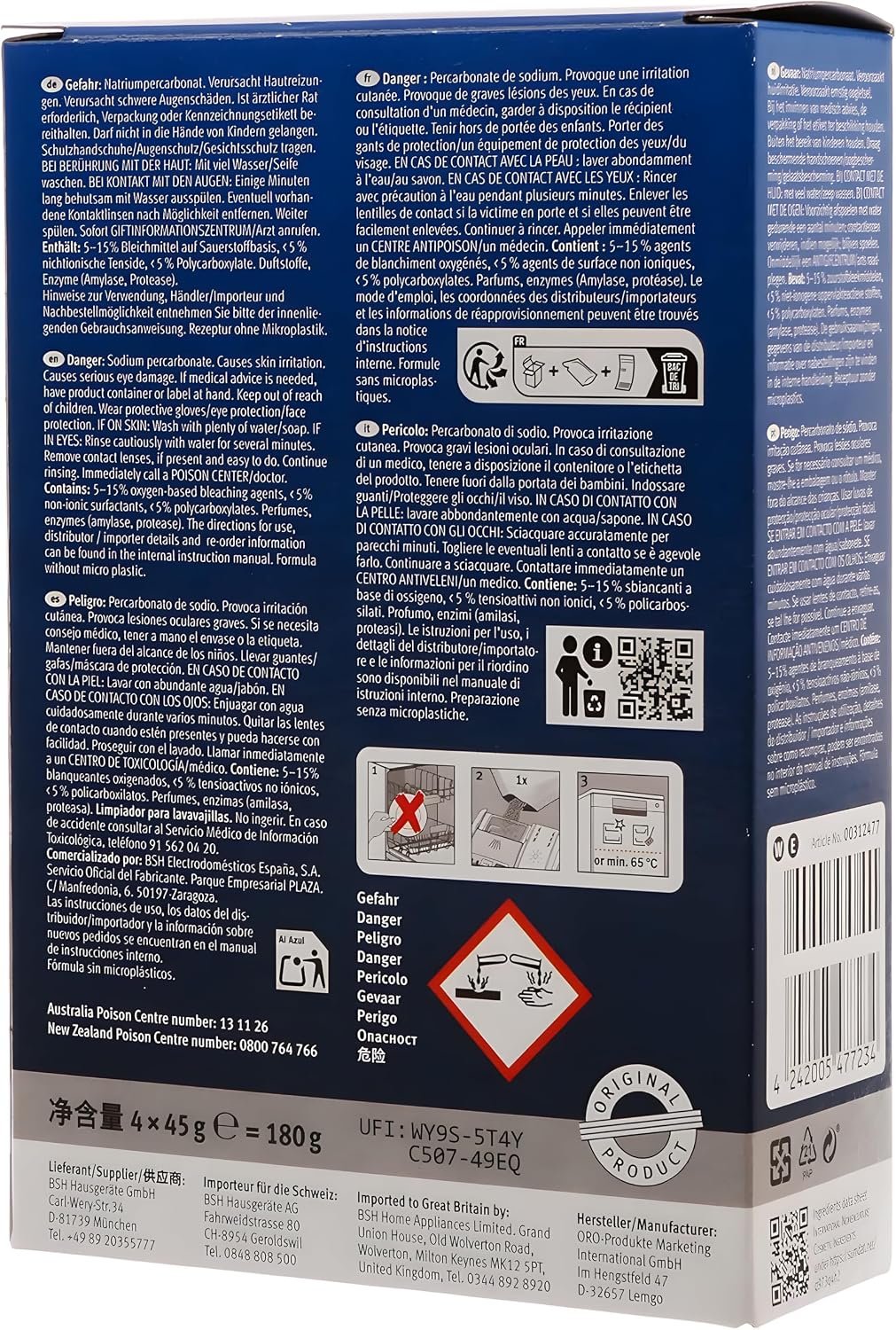 Bosch 312477 Dishwasher Cleaner – 1 Pack of 4 Bags (Total: 6.4 oz / 180g, Each 1.6 oz / 45g) – Removes Limescale & Grease | Improves Performance & Extends Appliance Life - Image 4