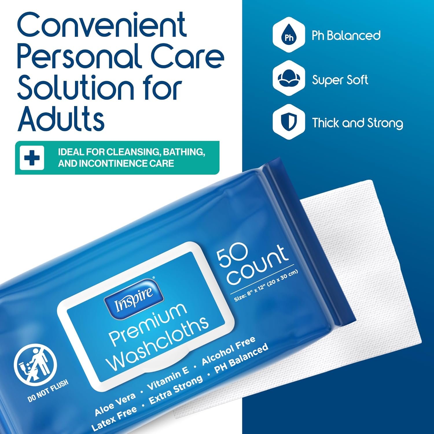 Inspire Adult Wet Wipes, Wash Cloths | Adult Wipes for Incontinence & Cleansing for Elderly, 8"x12" (500CT (10 PACKS OF 50)) - Image 2