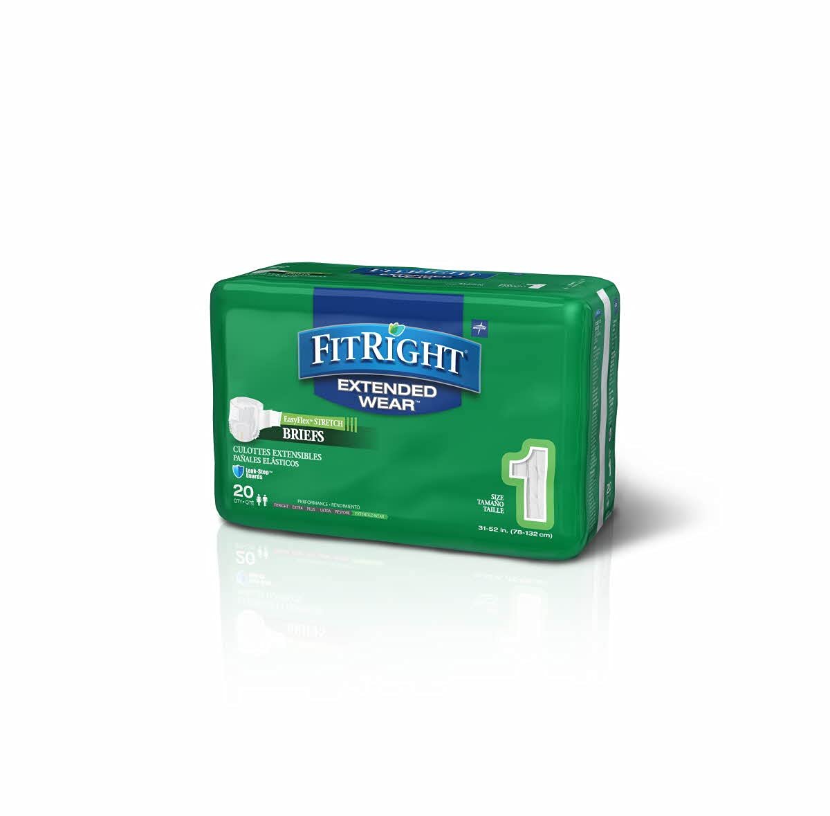 Medline FitRight Extended Wear Stretch Briefs, Overnight Adult Diapers with Tabs, Size 1 (Bag of 20) - Image 2