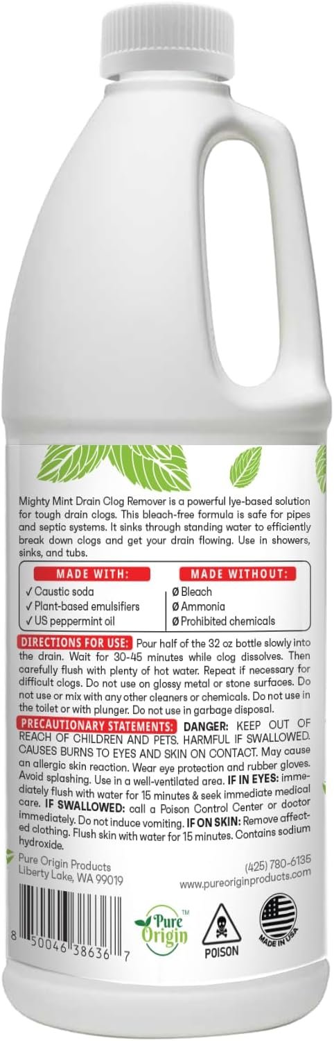 Mighty Mint Drain Clog Remover, Safe for Pipes and Septic, Dissolves Hair & Grease, Clears Blocked Drains and Deodorizes, Natural Mint Scent, 32oz - Image 7