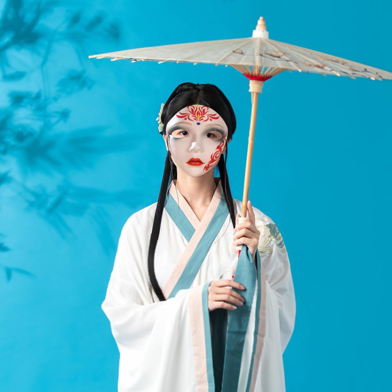 Ipetboom Hand-Painted Ancient Hanfu Full Face Mask - Chinese Style Plastic Hanfu Cosplay Accessory for Women Traditional Beauty Carnival Masquerade Party Stage Performance - Image 4