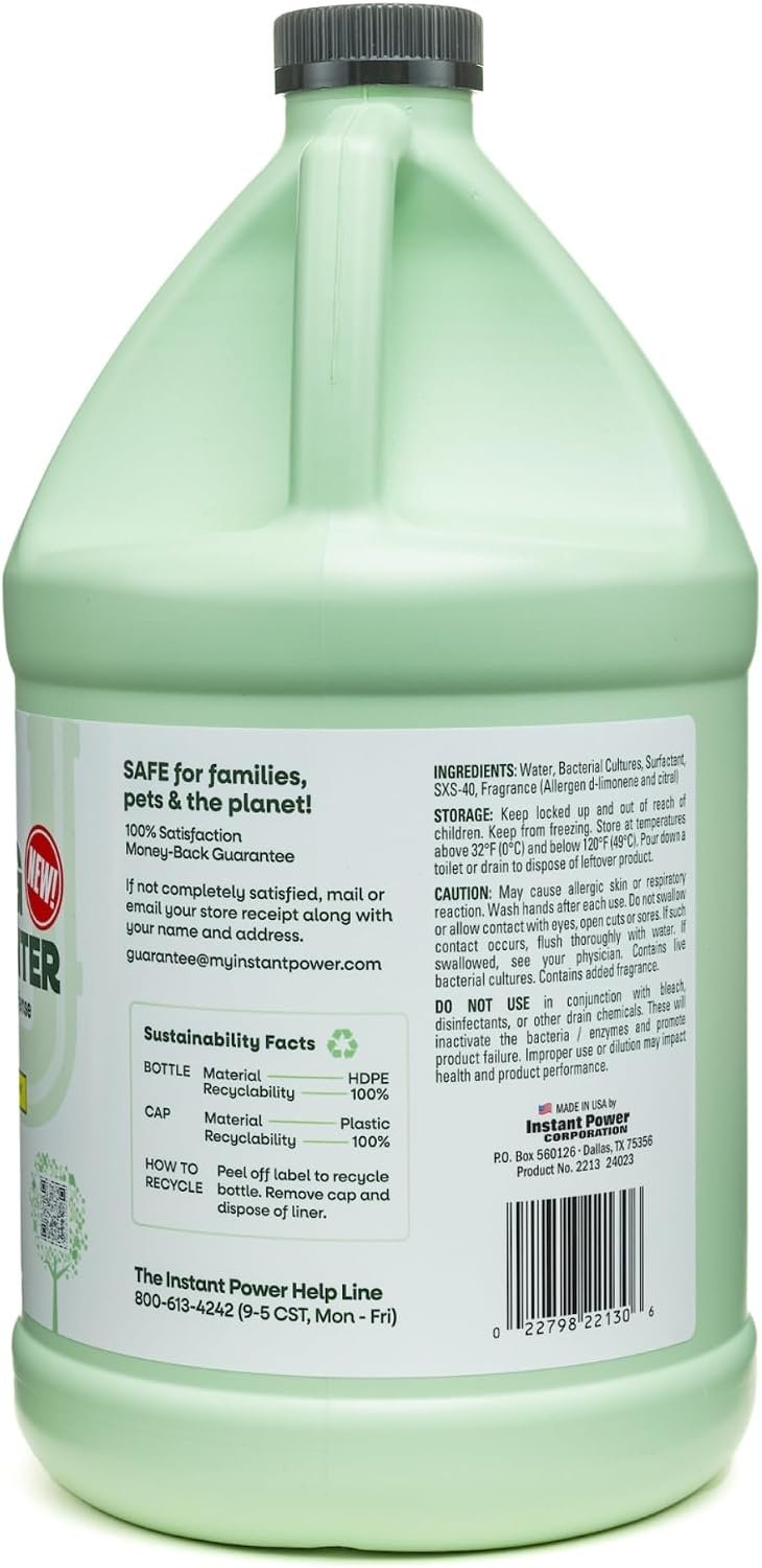 Instant Power Eco Clog Preventer - Enzyme Drain Cleaner Liquid and Deodorizer for Sink, Shower, Toilet, Garbage Disposal Cleaner, Bio-Based Drain Defense, Smell Remover and Odor Eliminator - 1 Gallon - Image 3