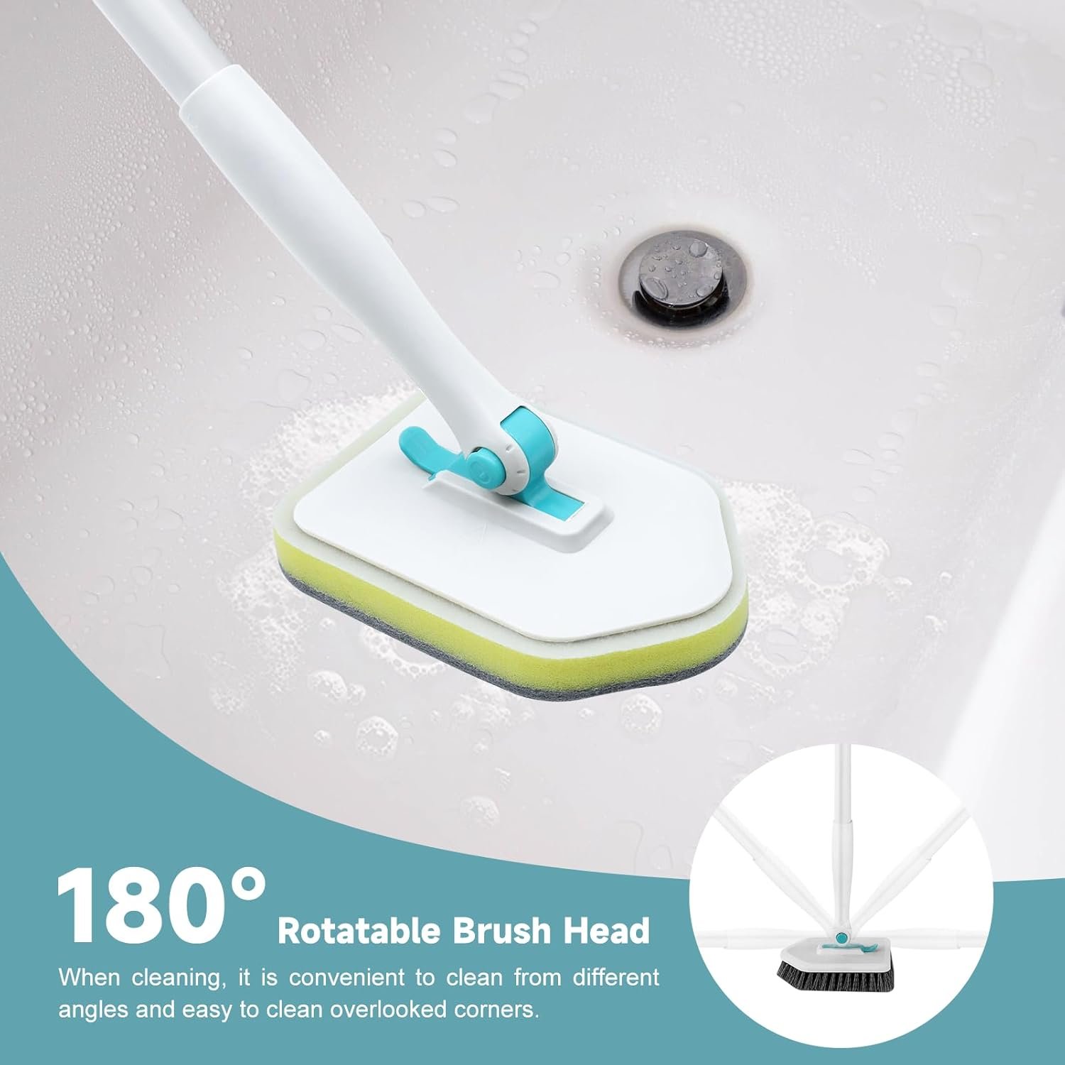 nacena Shower Scrubber with Long Handle, 3 in 1 Tile Tub Scrubber Brush with 3 Detachable Cleaning Heads Adjustable Handle Shower Cleaner Brush for Bathroom, Kitchen, Toilet, Wall, Sink, Blue White - Image 3