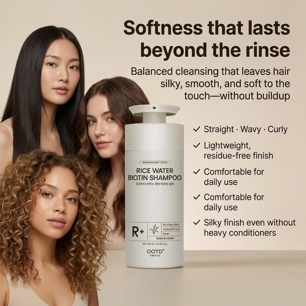 #OOTD Rice Water Biotin Shampoo for Hair Thickening & Volumizing - Sulfate Free Korean Hair Care with Hyaluronic Acid - Deep Hydration & Repair for Dry Damaged Hair, Sensitive Scalp, 20.29 Fl Oz - Image 5