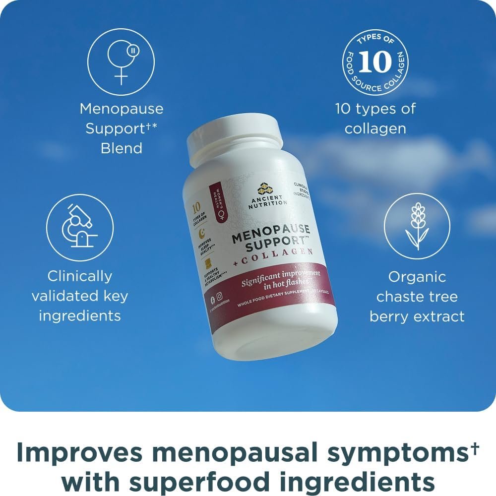 Ancient Nutrition Menopause Support + Collagen Supplement, Hydrolyzed Collagen Peptides, Key Clinically Validated Superfoods, Significant Improvement in Hot Flashes and Sleep Quality, 60 Capsules - Image 2