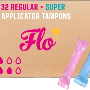 Flo – Organic Cotton Tampons for Women – 32 Pack (14 Regular, 18 Super) – Leak Proof – No Synthetic Fibers, Chlorine Bleach, Added Dyes – Bio-Plastic Applicator – Feminine Care – Vegan & Cruelty Free