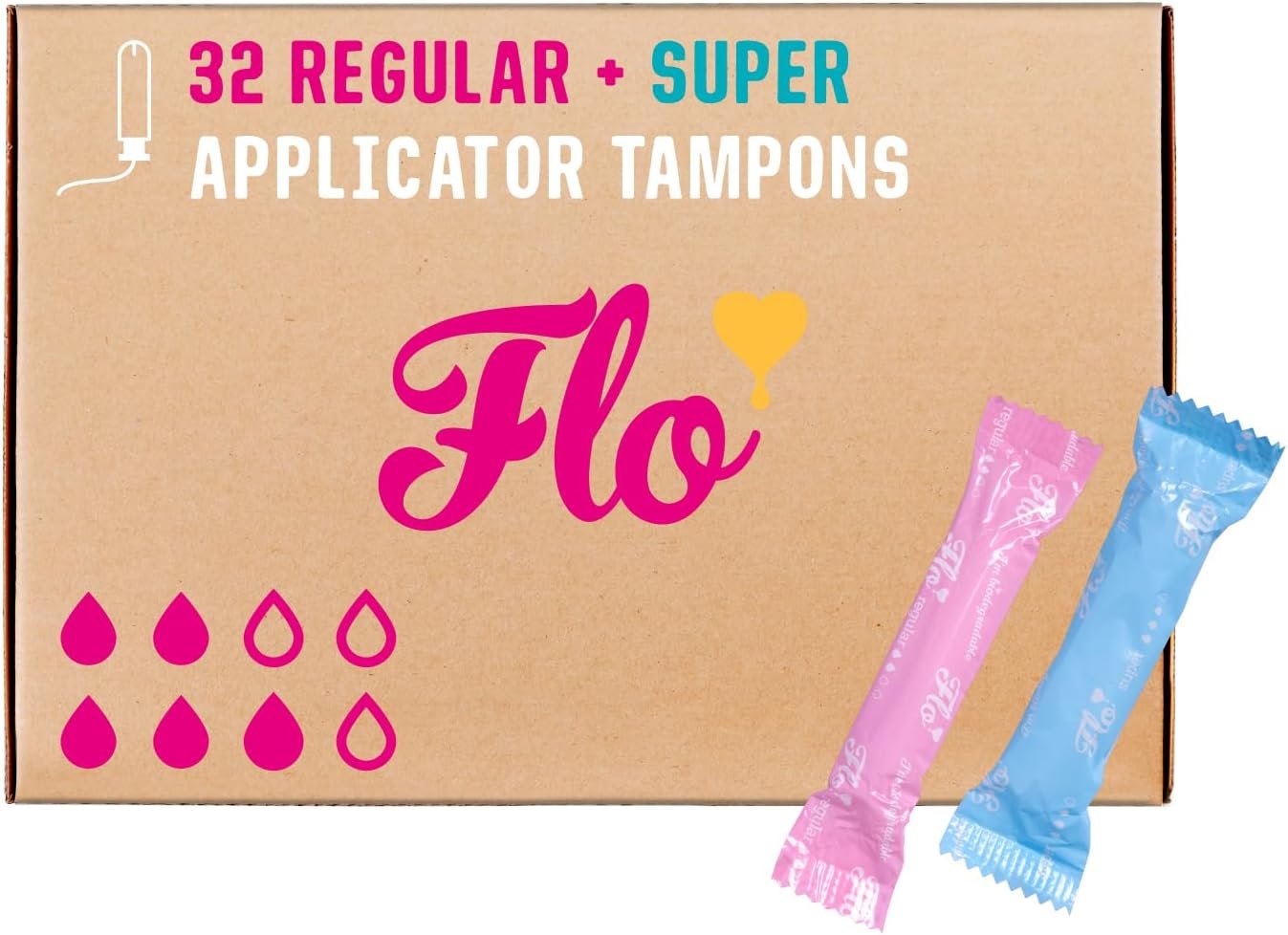 Flo - Organic Cotton Tampons for Women - 32 Pack (14 Regular, 18 Super) - Leak Proof - No Synthetic Fibers, Chlorine Bleach, Added Dyes - Bio-Plastic Applicator - Feminine Care - Vegan & Cruelty Free