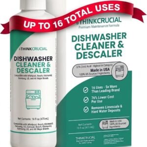 Think Crucial Dishwasher Cleaner & Descaler, 15 Uses, 75% Savings Per Use – 32% Citric Acid Liquid Concentrate – Whirlpool, Bosch, KitchenAid, Samsung, LG – 16 FL OZ