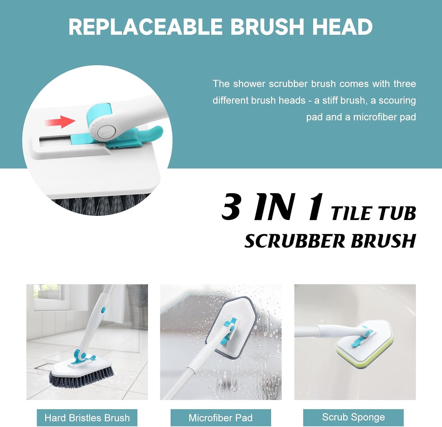 nacena Shower Scrubber with Long Handle, 3 in 1 Tile Tub Scrubber Brush with 3 Detachable Cleaning Heads Adjustable Handle Shower Cleaner Brush for Bathroom, Kitchen, Toilet, Wall, Sink, Blue White - Image 4