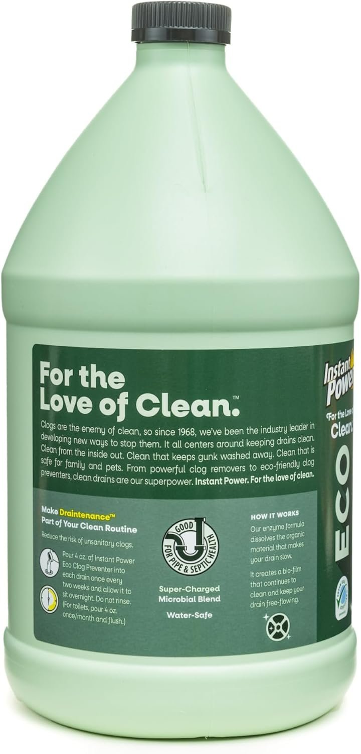 Instant Power Eco Clog Preventer - Enzyme Drain Cleaner Liquid and Deodorizer for Sink, Shower, Toilet, Garbage Disposal Cleaner, Bio-Based Drain Defense, Smell Remover and Odor Eliminator - 1 Gallon - Image 2