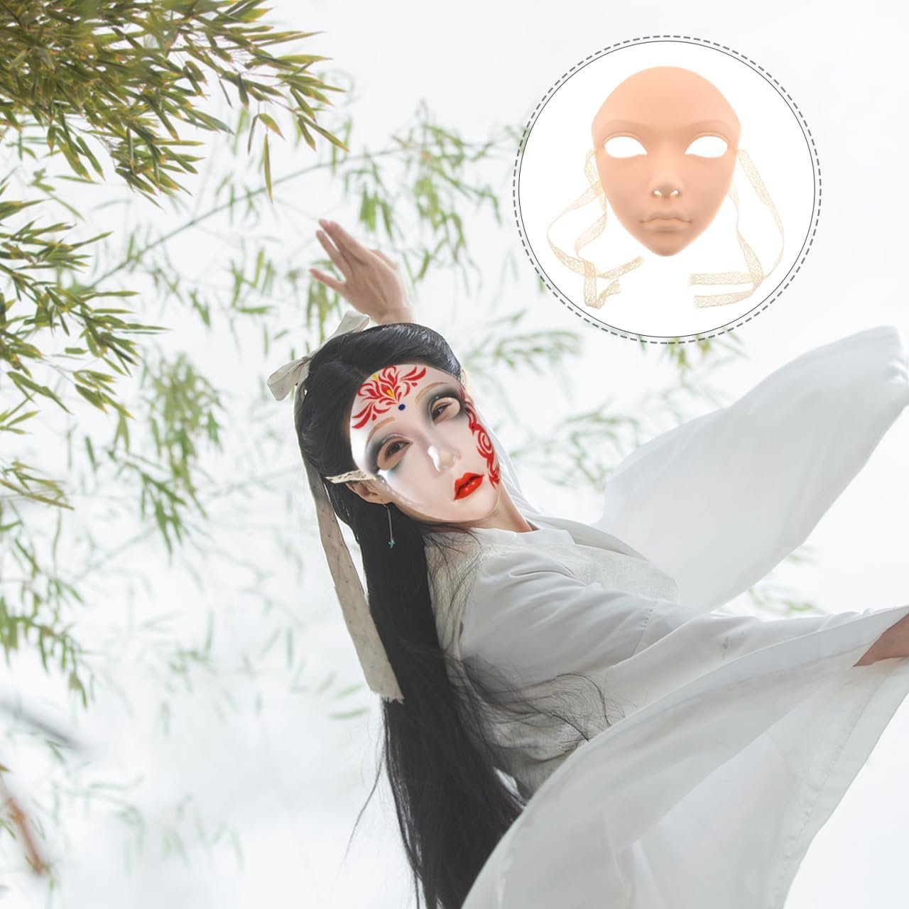 Ipetboom Hand-Painted Ancient Hanfu Full Face Mask - Chinese Style Plastic Hanfu Cosplay Accessory for Women Traditional Beauty Carnival Masquerade Party Stage Performance - Image 5