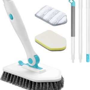 nacena Shower Scrubber with Long Handle, 3 in 1 Tile Tub Scrubber Brush with 3 Detachable Cleaning Heads Adjustable Handle Shower Cleaner Brush for Bathroom, Kitchen, Toilet, Wall, Sink, Blue White