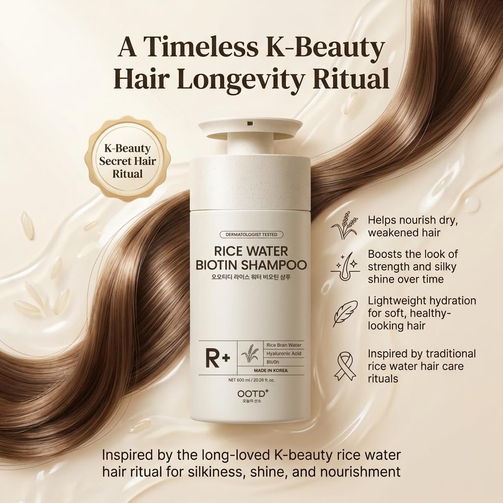 #OOTD Rice Water Biotin Shampoo for Hair Thickening & Volumizing - Sulfate Free Korean Hair Care with Hyaluronic Acid - Deep Hydration & Repair for Dry Damaged Hair, Sensitive Scalp, 20.29 Fl Oz - Image 2