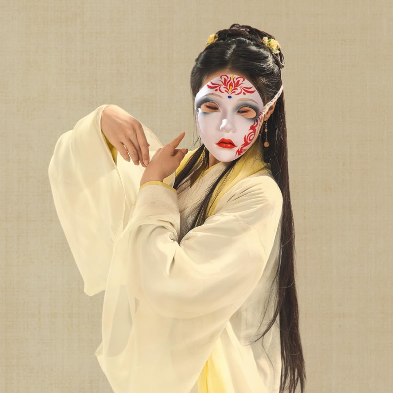 Ipetboom Hand-Painted Ancient Hanfu Full Face Mask - Chinese Style Plastic Hanfu Cosplay Accessory for Women Traditional Beauty Carnival Masquerade Party Stage Performance - Image 3