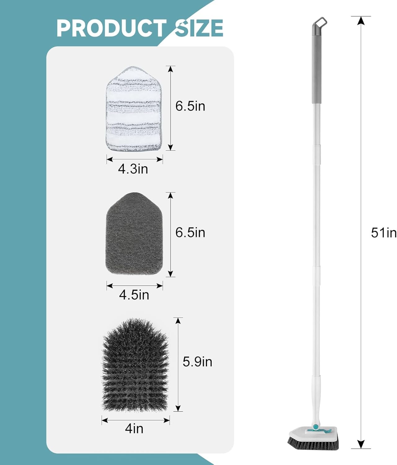 nacena Shower Scrubber with Long Handle, 3 in 1 Tile Tub Scrubber Brush with 3 Detachable Cleaning Heads Adjustable Handle Shower Cleaner Brush for Bathroom, Kitchen, Toilet, Wall, Sink, Blue White - Image 2