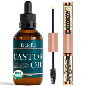 Live Fraiche Organic Castor Oil Lash Serum for Hair Growth, Eyebrow Eyelash Growth Serum, 100% Pure Cold Pressed Hexane Free (2oz Glass Bottle + FILLED Mascara Tube)