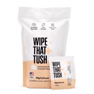 Wipe That Tush On-The-Go Flushable Wipes – 1 Packs of 30 Individually Wrapped Travel Wipes – Fragrance Free & Hypoallergenic – Extra Large & Soft – Aloe & Vitamin E – Septic-Safe – Travel Essentials