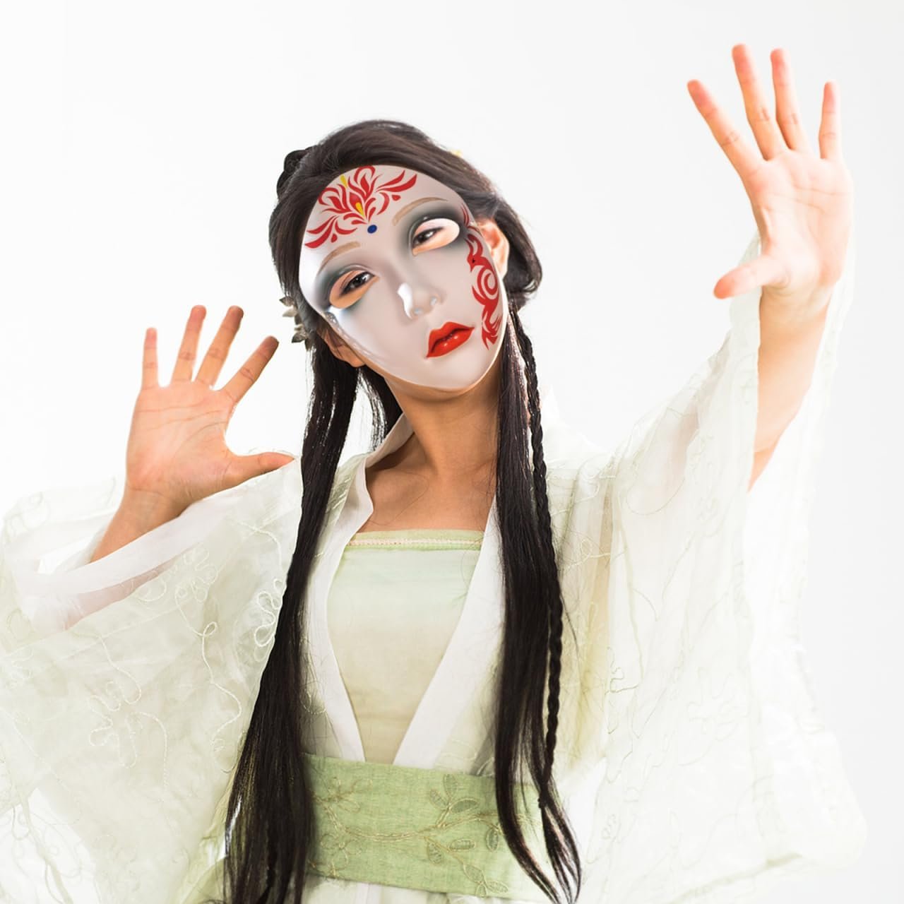 Ipetboom Hand-Painted Ancient Hanfu Full Face Mask - Chinese Style Plastic Hanfu Cosplay Accessory for Women Traditional Beauty Carnival Masquerade Party Stage Performance - Image 6