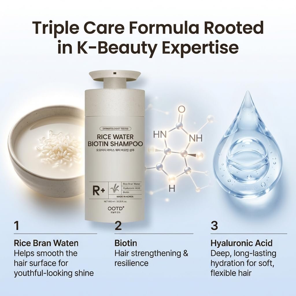 #OOTD Rice Water Biotin Shampoo for Hair Thickening & Volumizing - Sulfate Free Korean Hair Care with Hyaluronic Acid - Deep Hydration & Repair for Dry Damaged Hair, Sensitive Scalp, 20.29 Fl Oz - Image 4