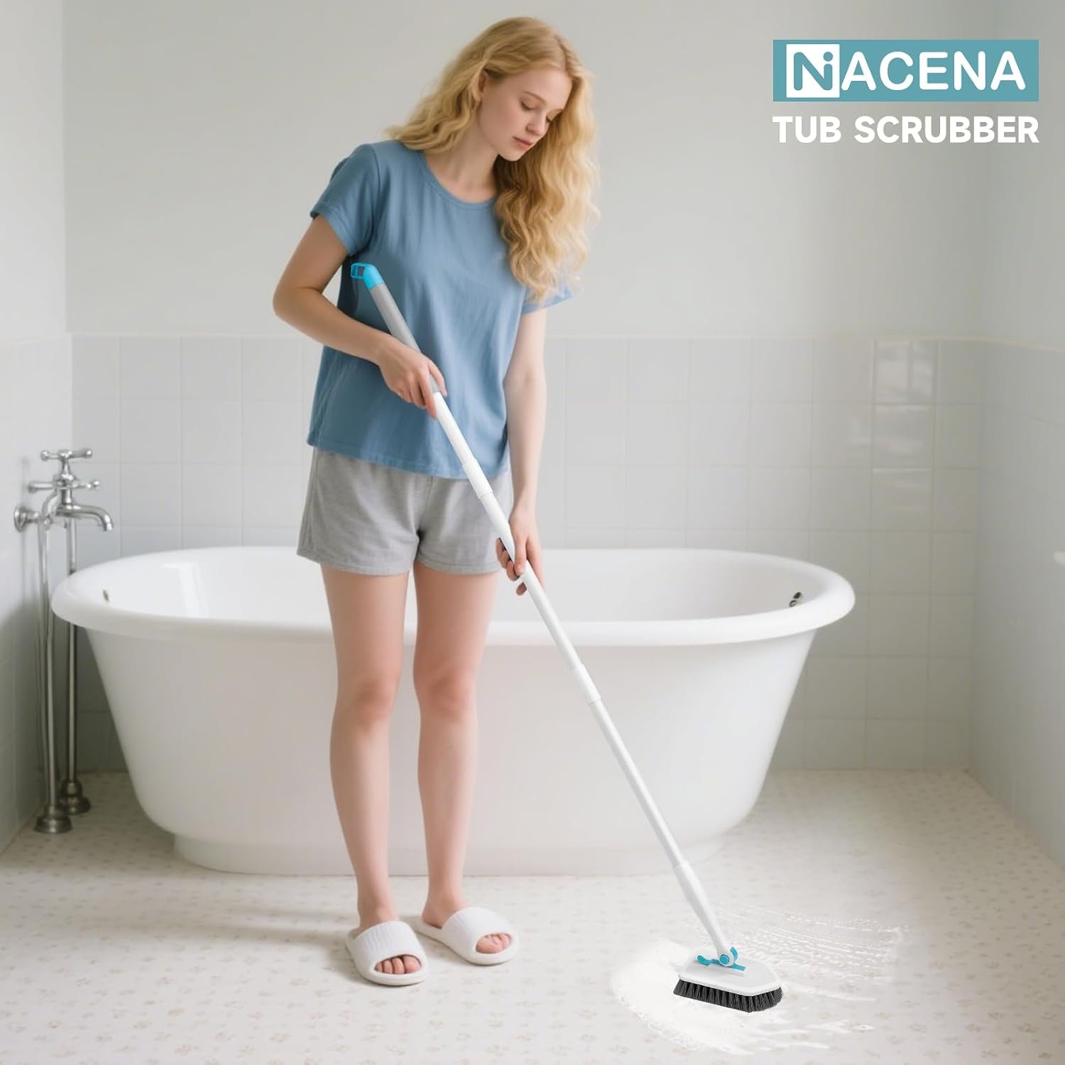 nacena Shower Scrubber with Long Handle, 3 in 1 Tile Tub Scrubber Brush with 3 Detachable Cleaning Heads Adjustable Handle Shower Cleaner Brush for Bathroom, Kitchen, Toilet, Wall, Sink, Blue White - Image 7
