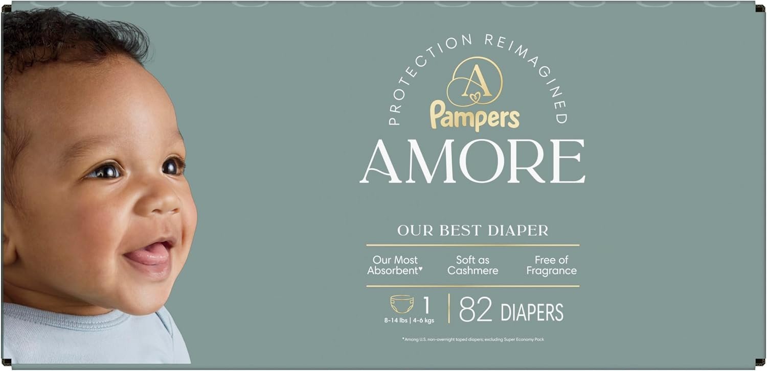 Pampers Amore, Size 1 (8-14 lbs), 82 Count, Our Best Diaper – Hypoallergenic & Fragrance Free, Up to 100% Leakproof, Soft as Cashmere - Image 16