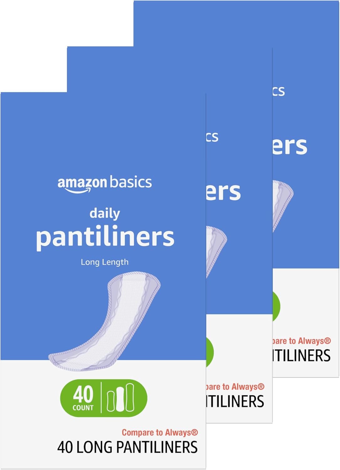 Amazon Basics Daily Pantiliner, Long Length, Feminine Pads for Women, Unscented, Comfortable Thin, 120 Count (3 Packs of 40) (Previously Solimo)