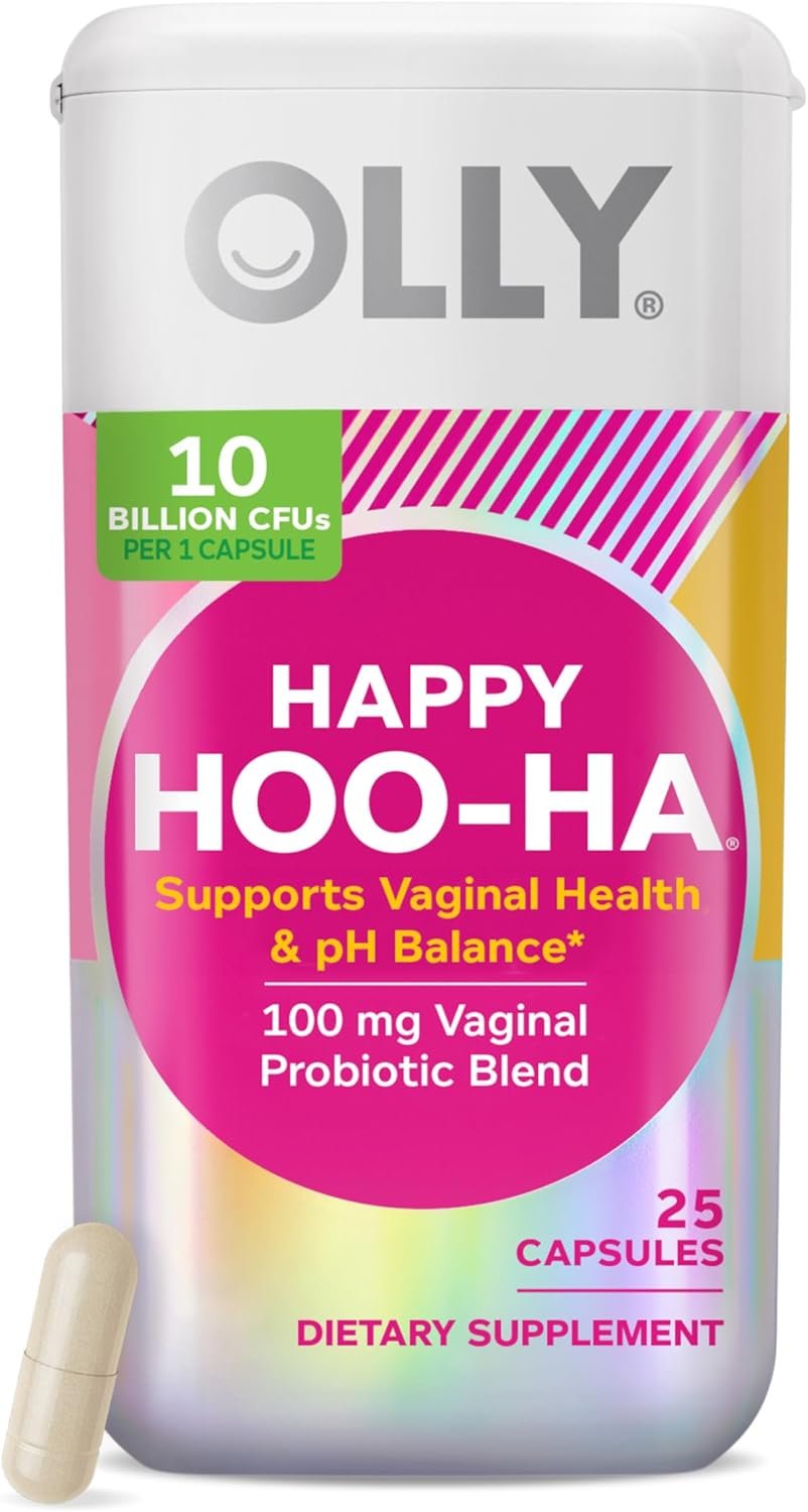 OLLY Happy Hoo-Ha Capsules, Vaginal Probiotics for Women or People with Vaginas, Vaginal Health and pH Balance,* 10 Billion CFU Per Capsule - 25 Count