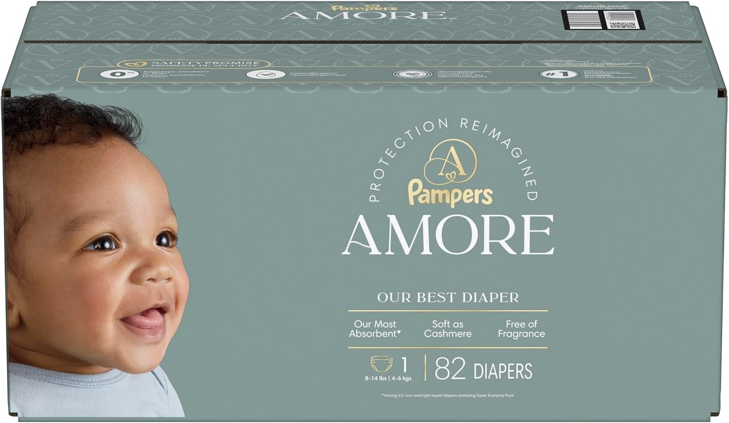 Pampers Amore, Size 1 (8-14 lbs), 82 Count, Our Best Diaper – Hypoallergenic & Fragrance Free, Up to 100% Leakproof, Soft as Cashmere - Image 14