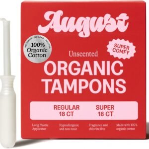 August Regular and Super Tampons – Easy-Glide Long Applicators – 36-Pack (18 + 18) 100% Organic Cotton Tampons for Women, Non-Toxic, Fragrance-Free, and Hypoallergenic