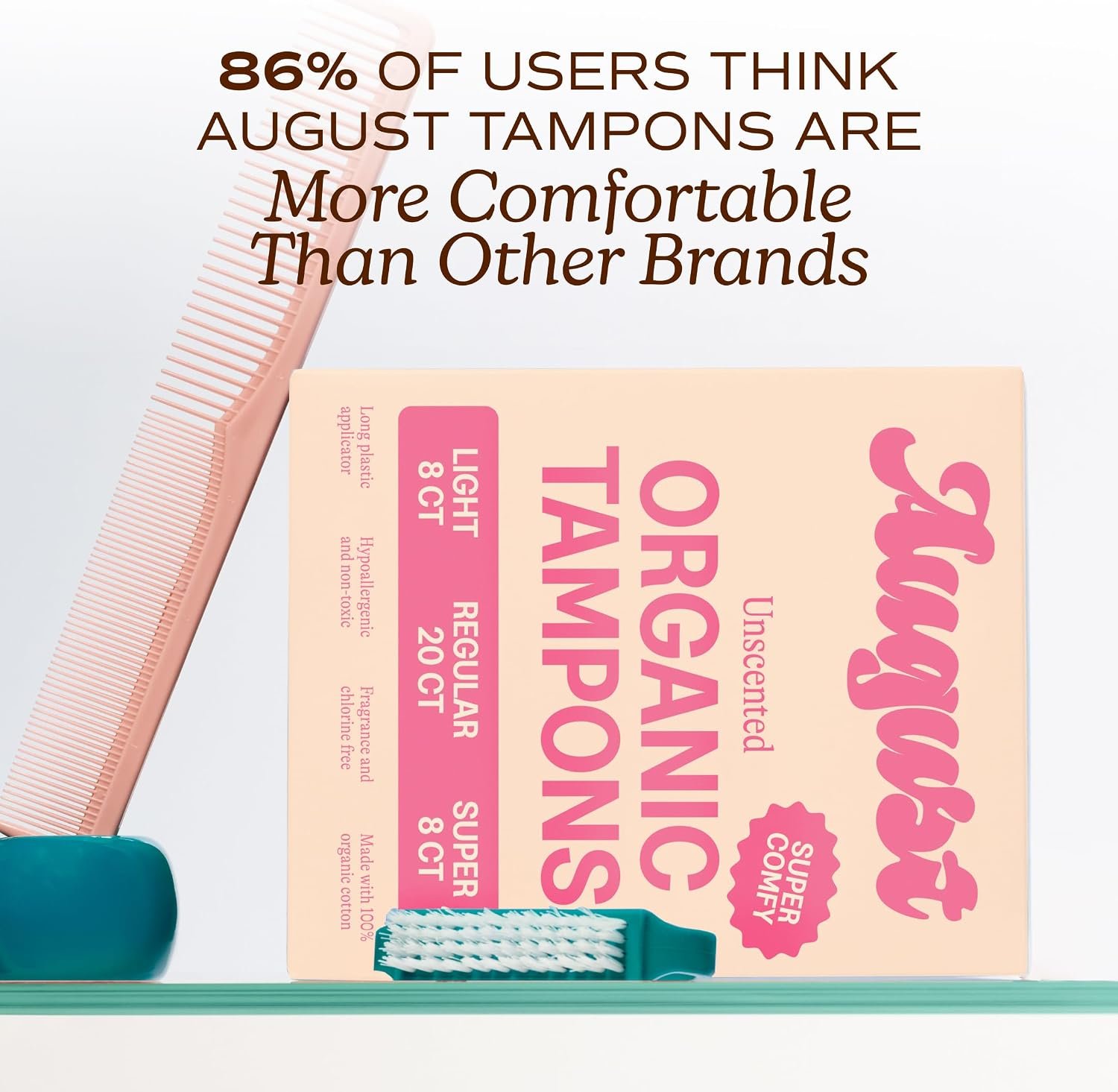 August Organic Tampons - Easy-Glide Long Applicators - Light, Regular, & Super - 36-Pack 100% Organic Cotton Tampons for Women, Non-Toxic, Fragrance-Free, and Hypoallergenic - Image 6