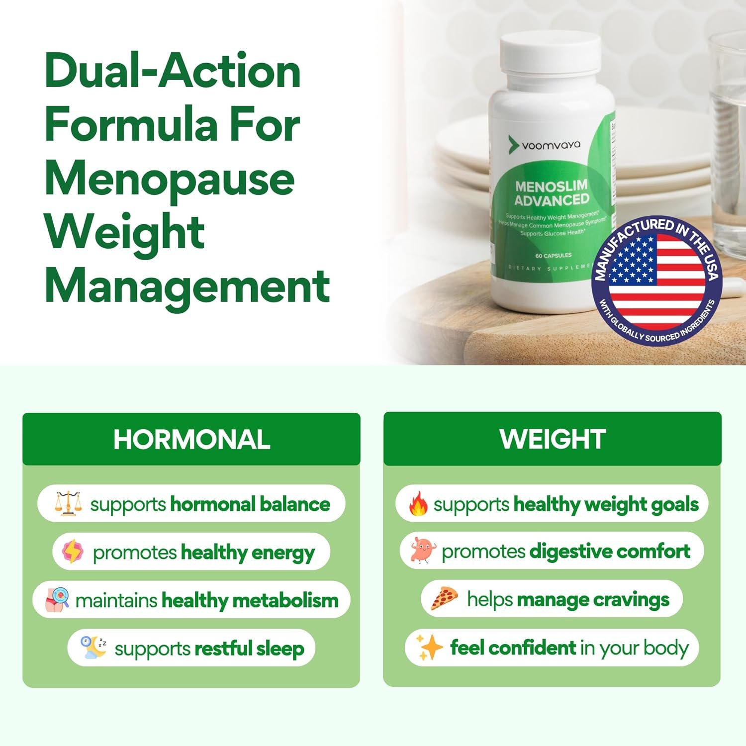 VoomVaya Menopause Weight Loss for Women – Perimenopause & Menopause Supplements for Women – Supports Healthy Metabolism & Overall Wellness MenoSlim Advanced 60 Capsules - Image 3