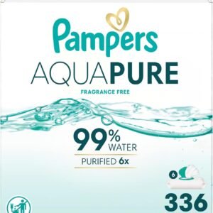 Pampers Aqua Pure Baby Wipes, 99% Water, Fragrance Free, Unscented, Water Based, Multi-Use, 336 Wipes Total (6X Flip-Top Packs) [Packaging May Vary]