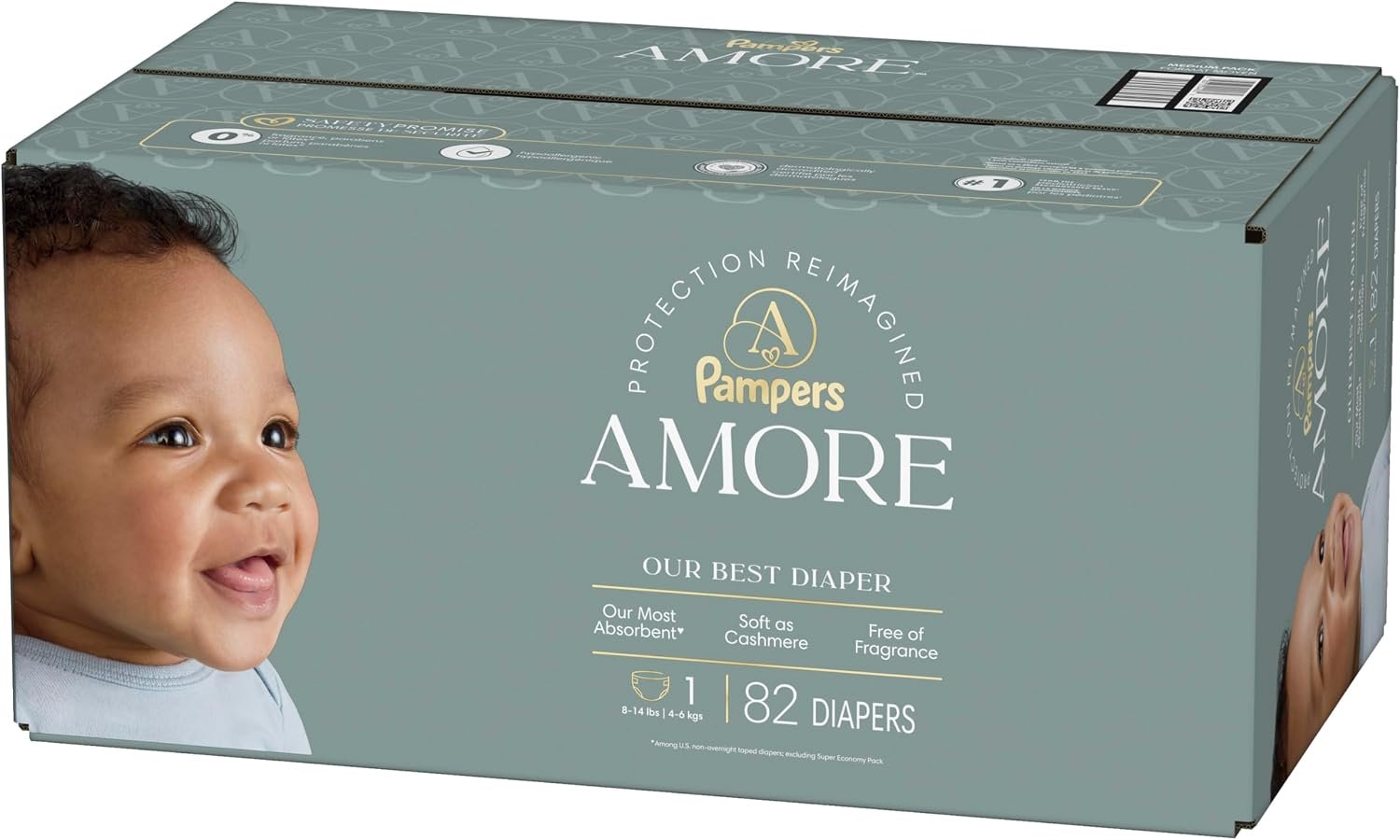 Pampers Amore, Size 1 (8-14 lbs), 82 Count, Our Best Diaper – Hypoallergenic & Fragrance Free, Up to 100% Leakproof, Soft as Cashmere - Image 17