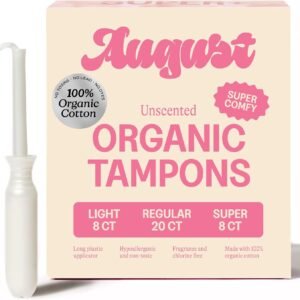 August Organic Tampons – Easy-Glide Long Applicators – Light, Regular, & Super – 36-Pack 100% Organic Cotton Tampons for Women, Non-Toxic, Fragrance-Free, and Hypoallergenic