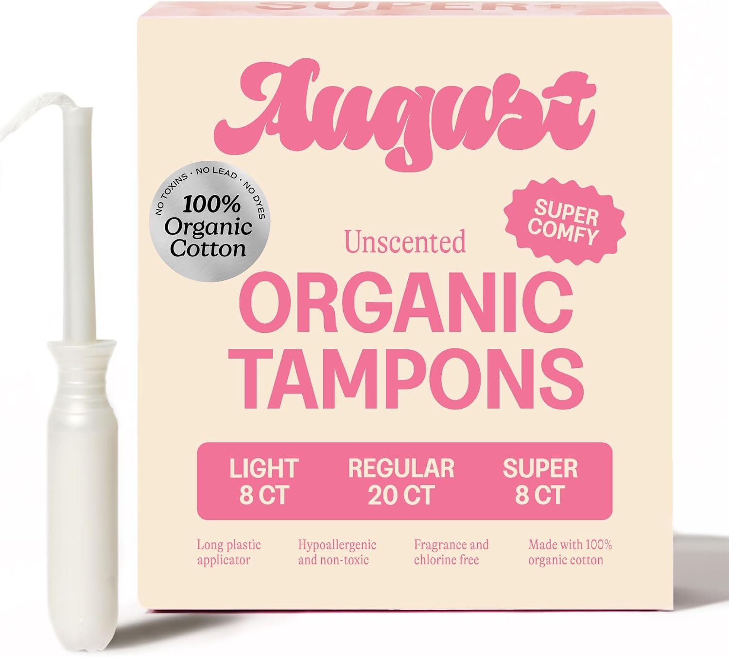 August Organic Tampons - Easy-Glide Long Applicators - Light, Regular, & Super - 36-Pack 100% Organic Cotton Tampons for Women, Non-Toxic, Fragrance-Free, and Hypoallergenic