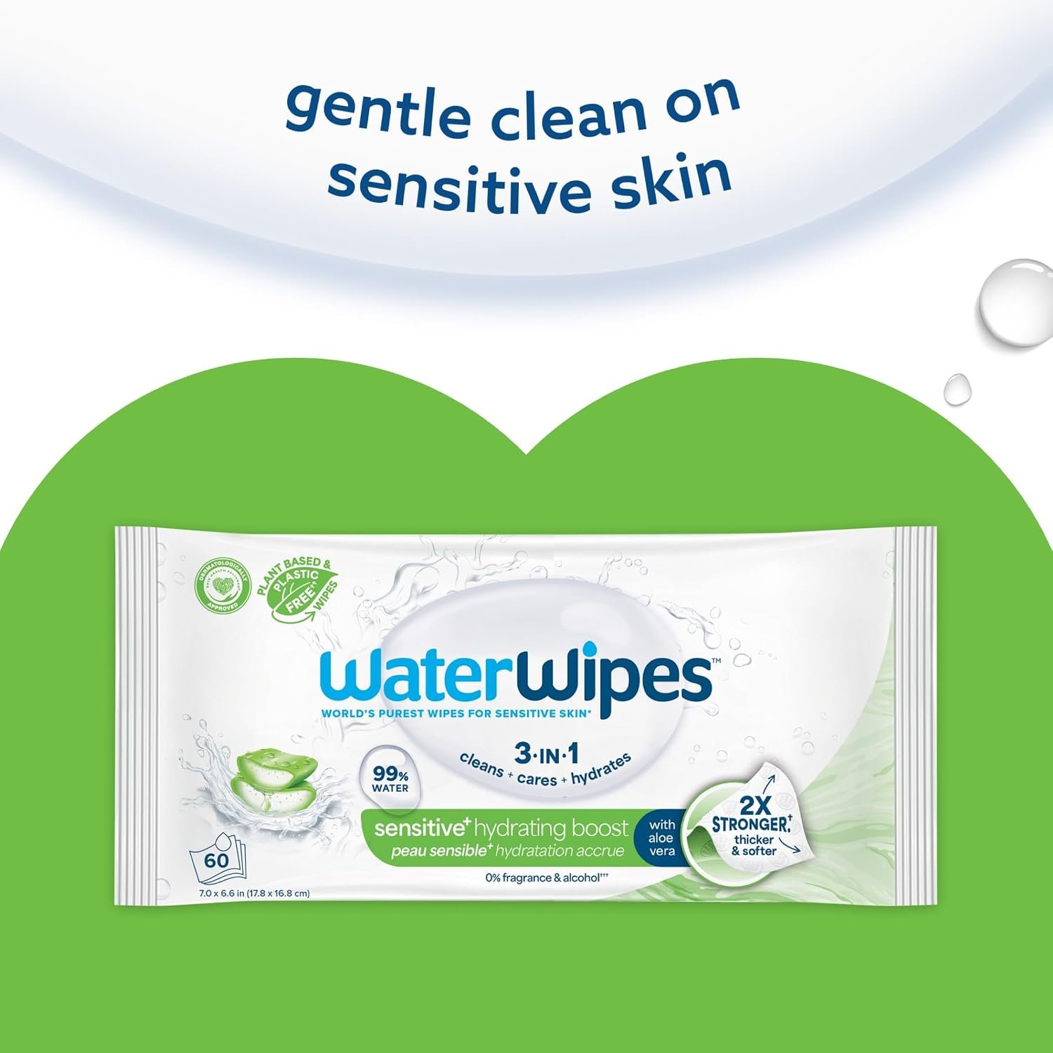 WaterWipes Sensitive+ Hydrating Boost Wipes, 3-In-1 Cleans, Cares, Hydrates, 99% Water with Aloe Vera, Unscented & Hypoallergenic Baby Wipes, 60 Count (1 Pack) - Image 8