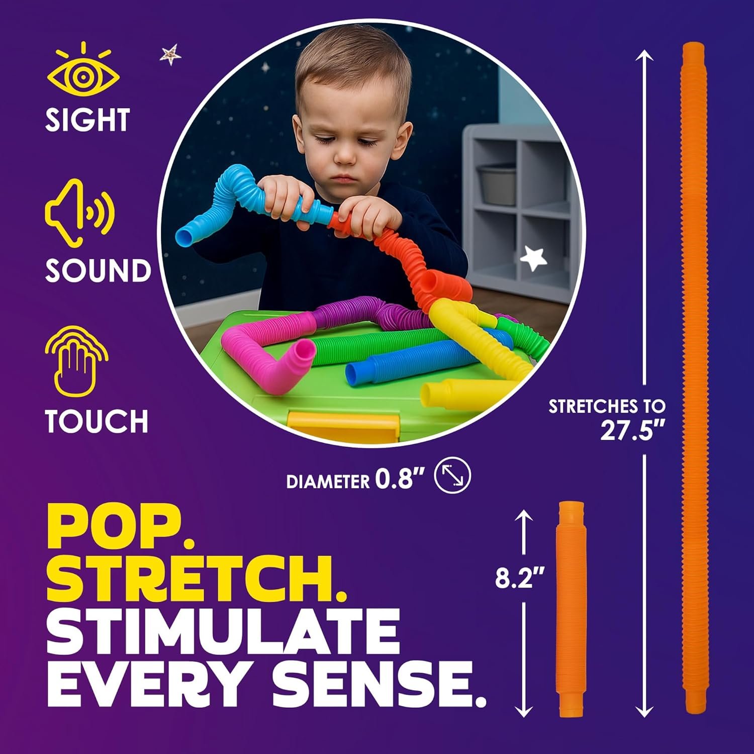 Nutty Toys Pop Tubes - Large 8-Pack Sensory Toys - Creative STEM Learning for Kids & Toddlers - Connect & Pop! Top ADHD Autism Fidget 2026, Best Boy & Girl Christmas Stocking Stuffers Gifts Idea - Image 2