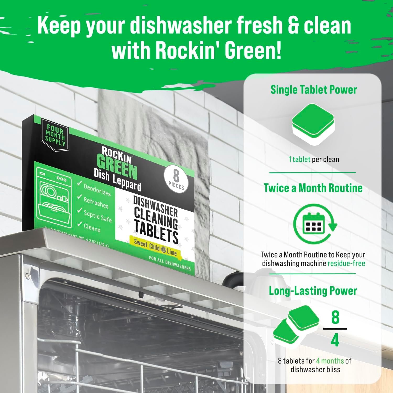 Rockin' Green Deep Cleaning and Deodorizing Tablets for Dishwashers, Washing Machines, and Garbage Disposals, Removes Odor and Residue (Dishwasher Cleaning Tablets, 8 Pack) - Image 4