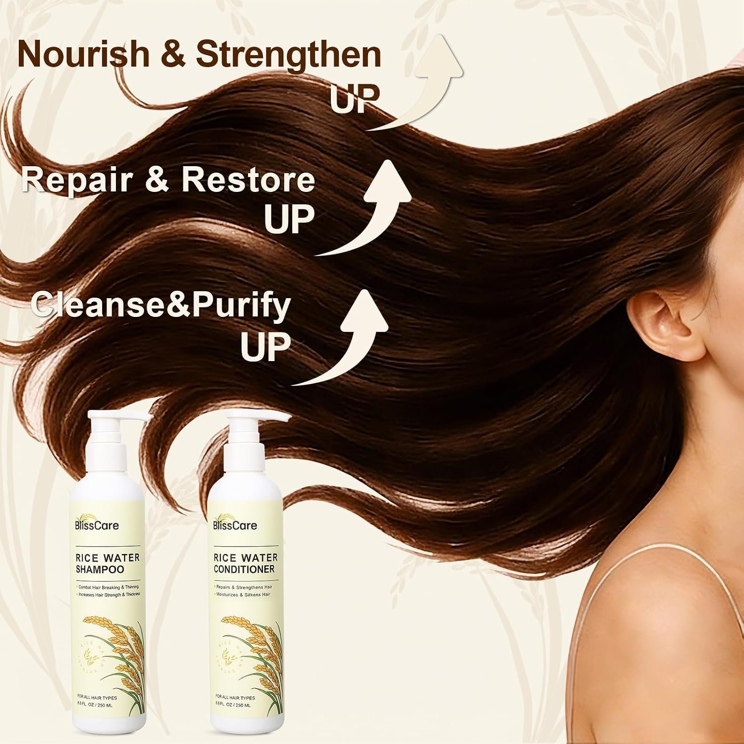 Rice Water Shampoo and Conditioner Set, Strengthen and Revitalize Hair, Nourish Damaged Hair for Women and Men, Hair Care, Restore Shine, Infused with Biotin, Citrus Peel, Rosemary - Image 5