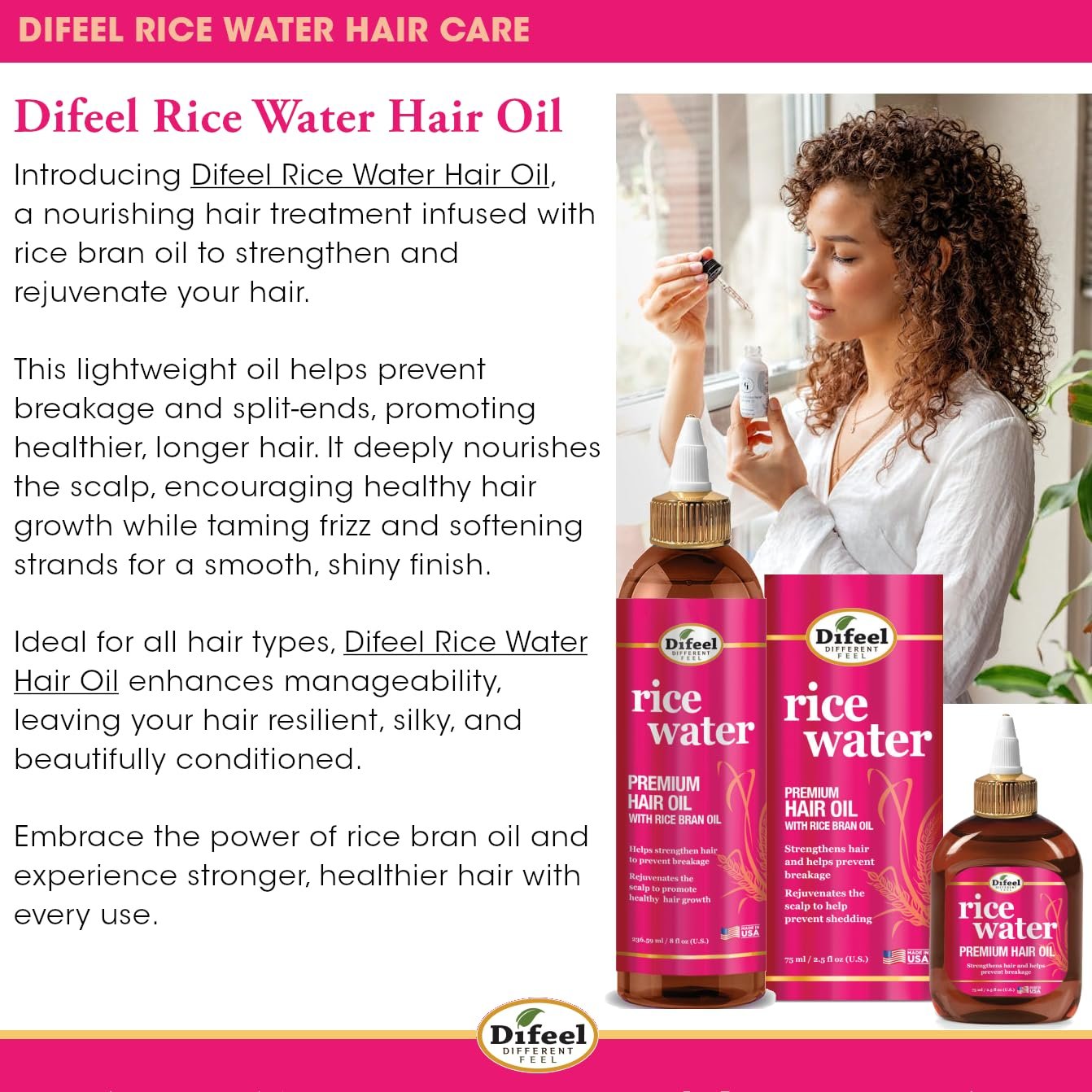Difeel Rice Water Premium Hair Oil 8 oz. - Strengthening Rice Water Moisturizer for Hair - Image 3