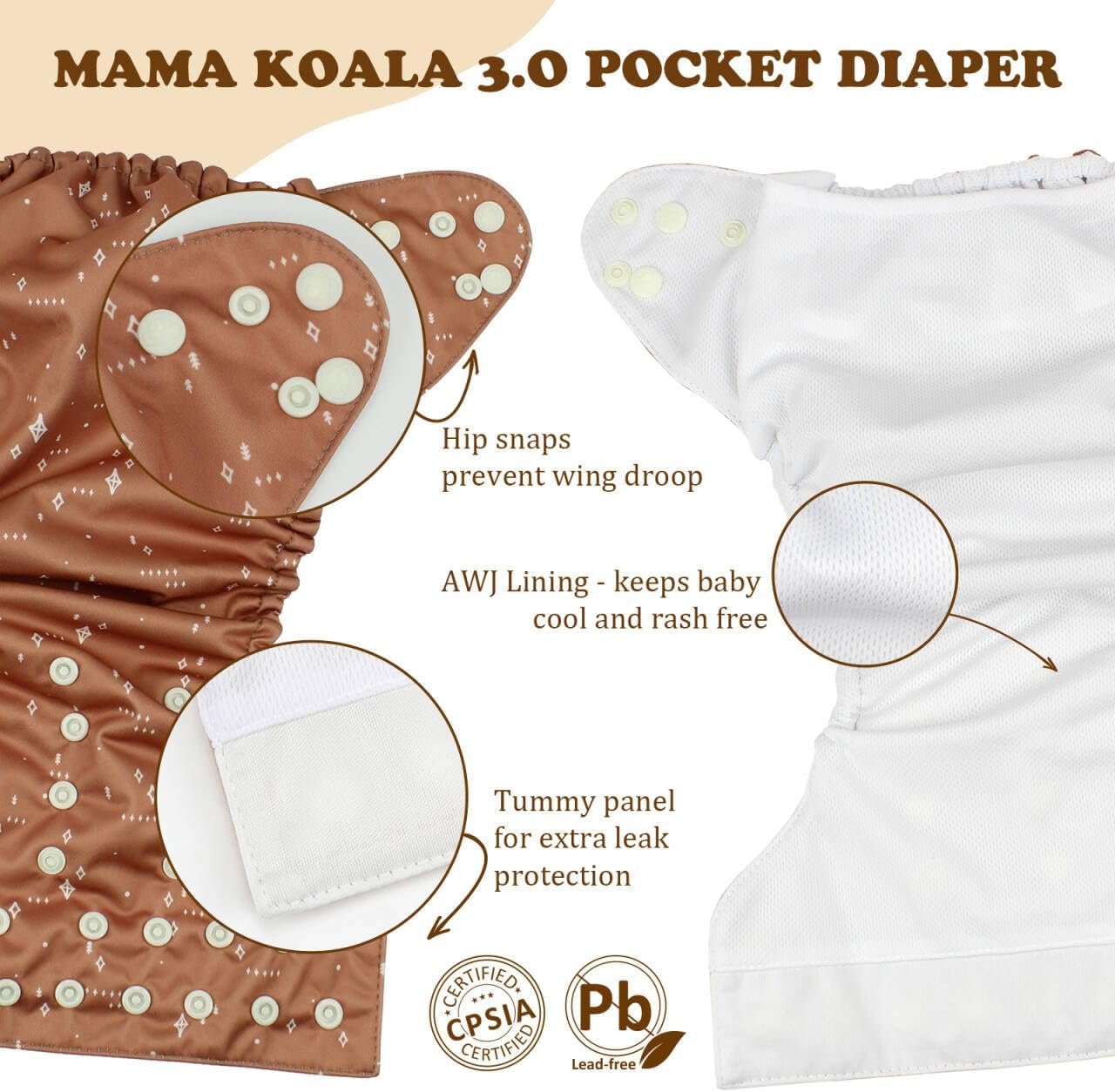 Mama Koala 3.0 Pocket Cloth Diapers for Babies with AWJ Lining, 6 Pack with 6 4-Layer Natural Cloth Diaper Inserts - Reusable and Washable Pocket Diapers (Hope in The Desert) - Image 6