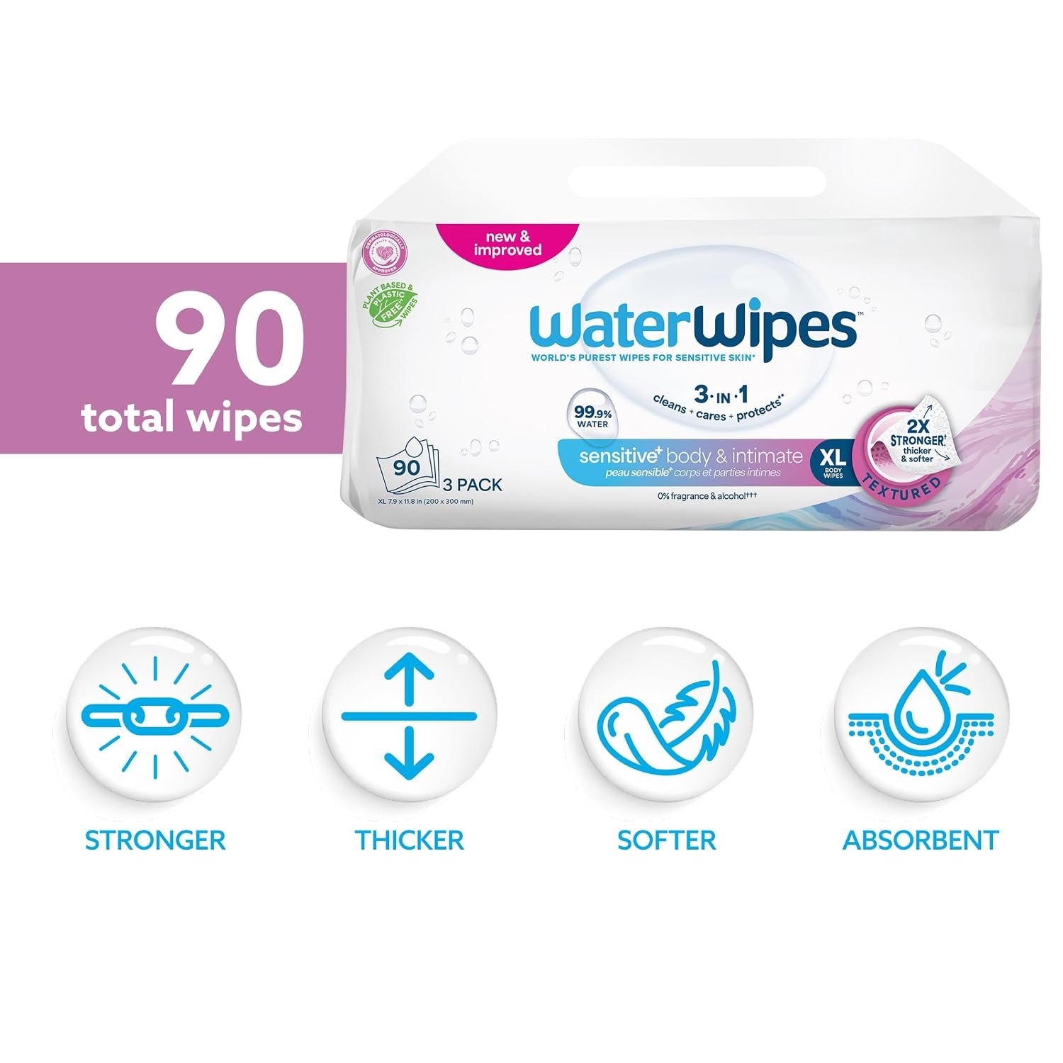 WaterWipes Sensitive Whole Body Cleansing Wipes, 99.9% Purified Water, XL Textured Wipes, Incontinence Care, Fragrance Free, 90 Count - Image 2