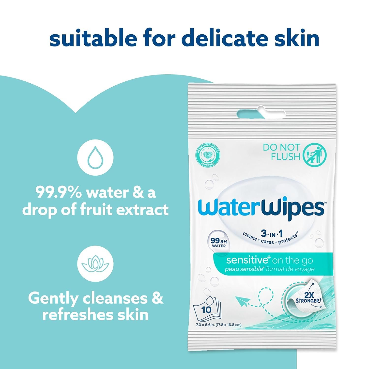 WaterWipes Beauty Sensitive+ On-The-Go Facial Wipes, 99.9% Water, Unscented Hypoallergenic Face Cleanser Wipes for Sensitive Skin, Double Cleanse & Skincare Routine, 100ct, (10 Packs) - Image 2