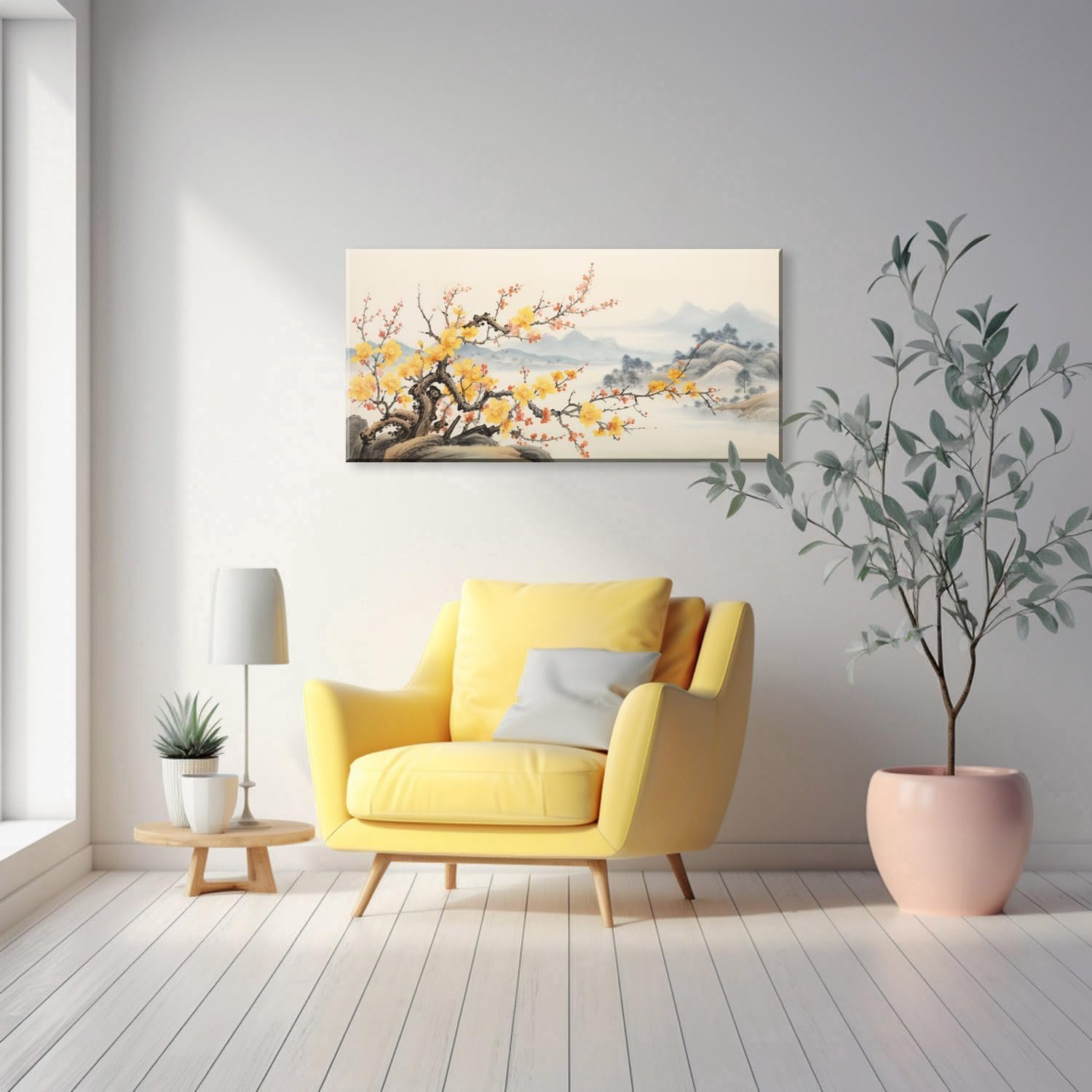 Asian Wall Art Traditional Chinese Painting Decor Oriental Yellow Plum Blossom Canvas Pictures for Wall Decor Home decor for Living Room Cherry Blossom Landscape Artwork Framed Ready to Hang - Image 4