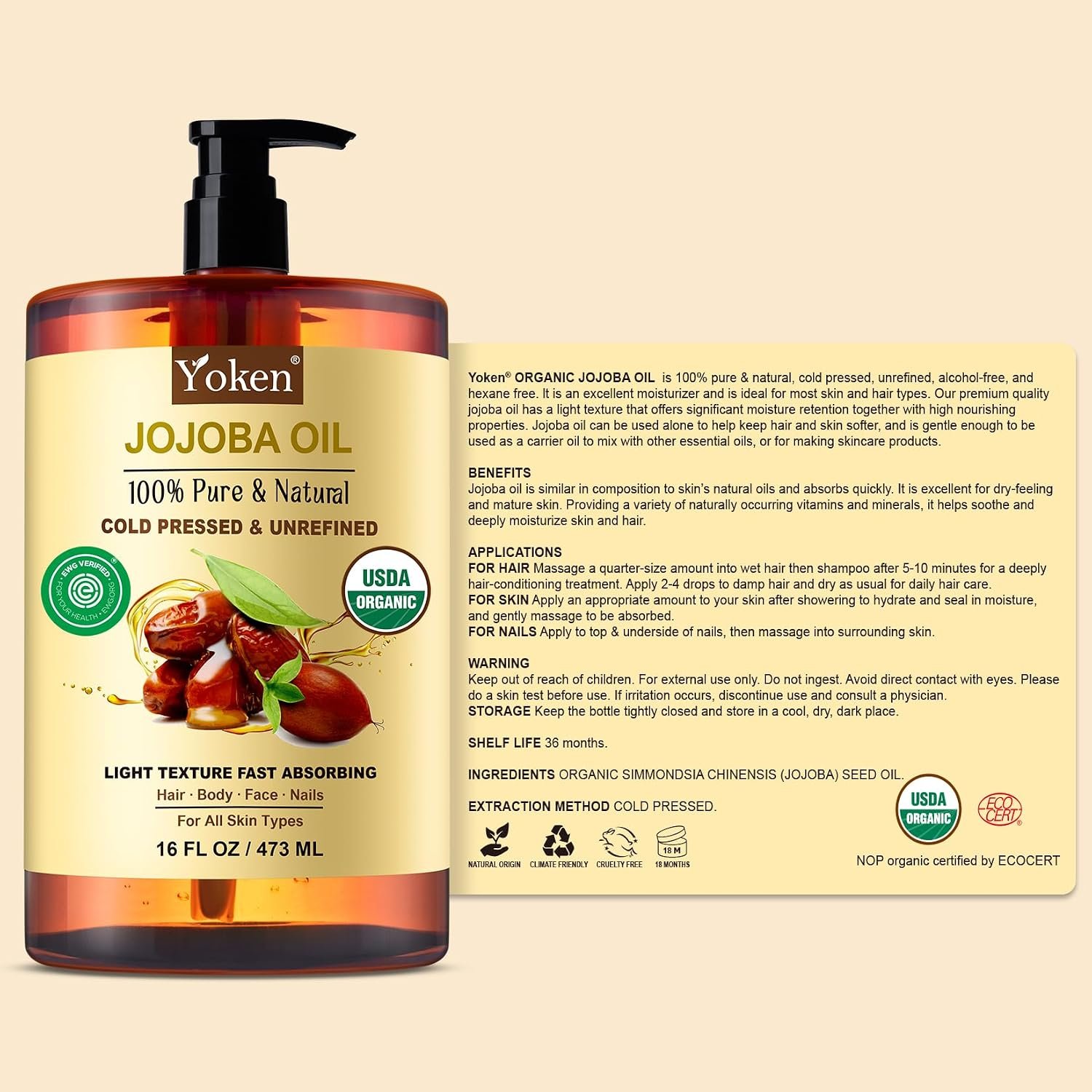 Yoken Organic Jojoba Oil 16oz, USDA Certified Cold Pressed for Skin Care - Image 7