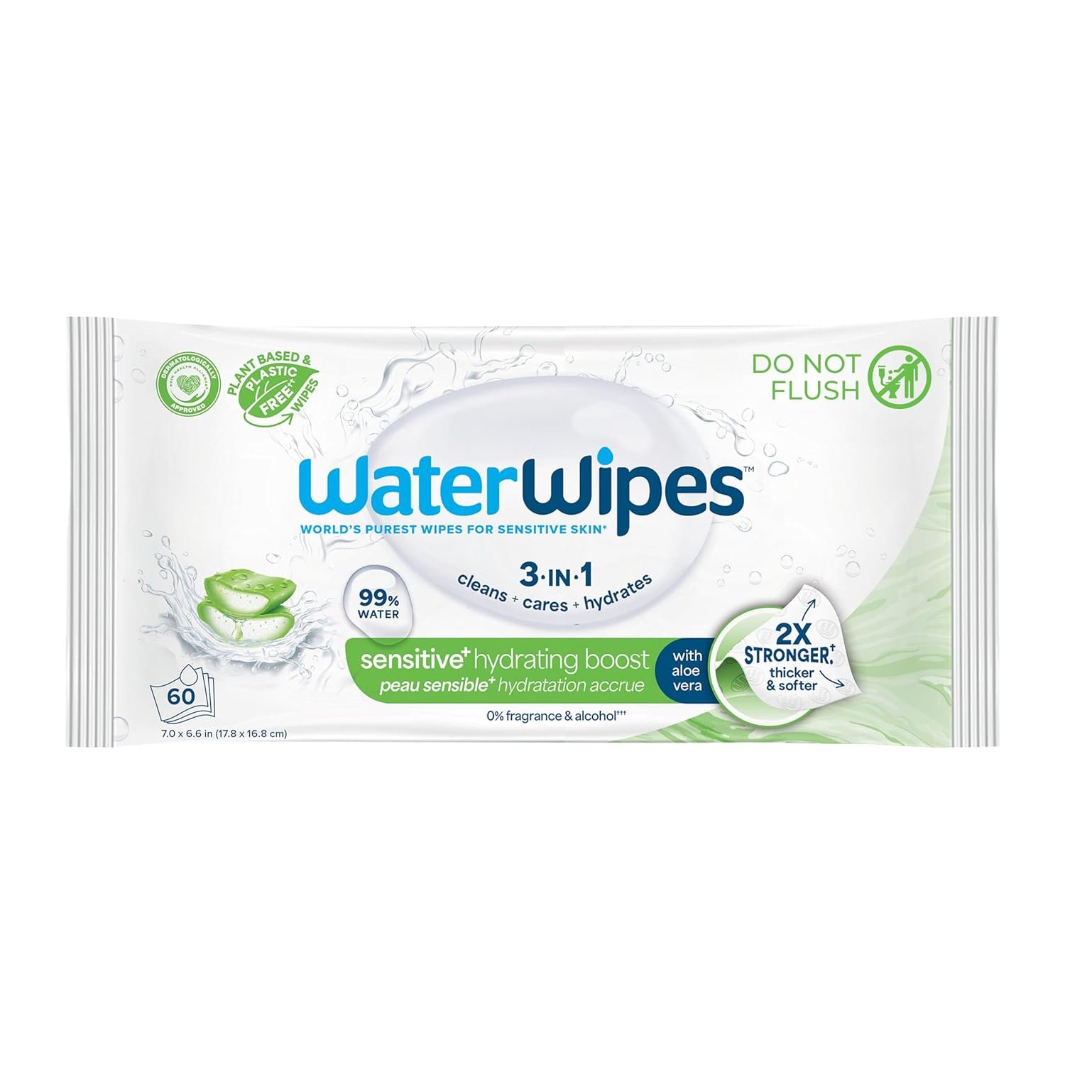 WaterWipes Sensitive+ Hydrating Boost Wipes, 3-In-1 Cleans, Cares, Hydrates, 99% Water with Aloe Vera, Unscented & Hypoallergenic Baby Wipes, 60 Count (1 Pack)