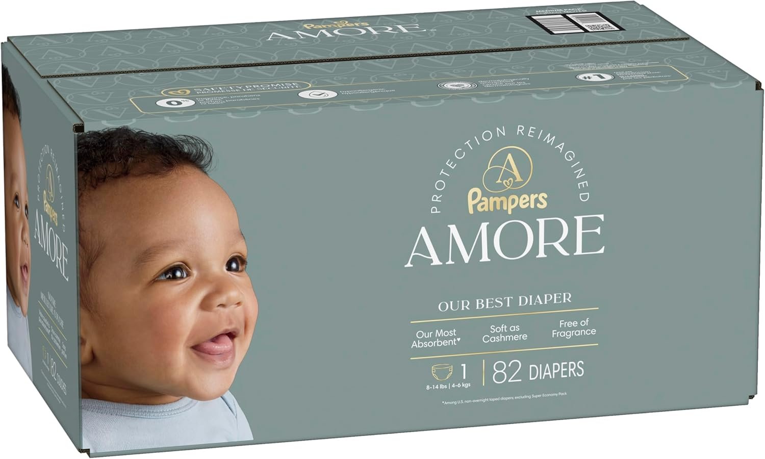 Pampers Amore, Size 1 (8-14 lbs), 82 Count, Our Best Diaper – Hypoallergenic & Fragrance Free, Up to 100% Leakproof, Soft as Cashmere - Image 15